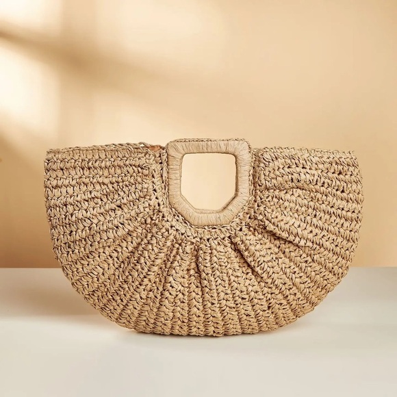 NWT Brown Woven Straw Beach Handbag Clutch - Picture 1 of 5